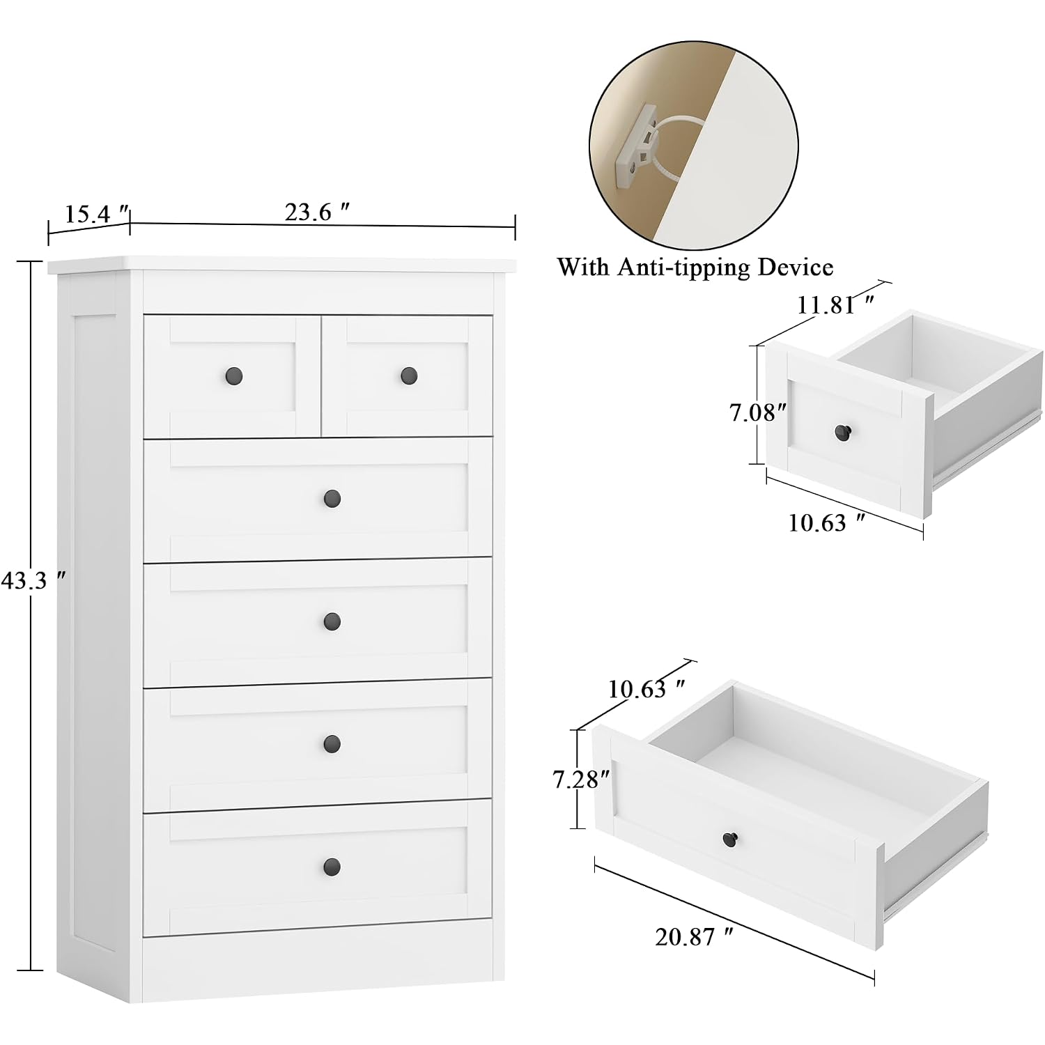 Tall 6 Drawer Dresser For Bedroom, White Modern 43.3'' Tall Wood Chest Of Drawers, Storage Organizer With Smooth Metal Rails & Anti-Tip Kit For Closet, Hallway, Living Room
