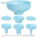 Wide Mouth Versatile Funnel, Canning Funnels For Kitchen Use, Food Grade Plastic Cooking Funnel Set With 4 Size Spouts And 2 Strainers For Filling Different Bottles And Bags, Blue