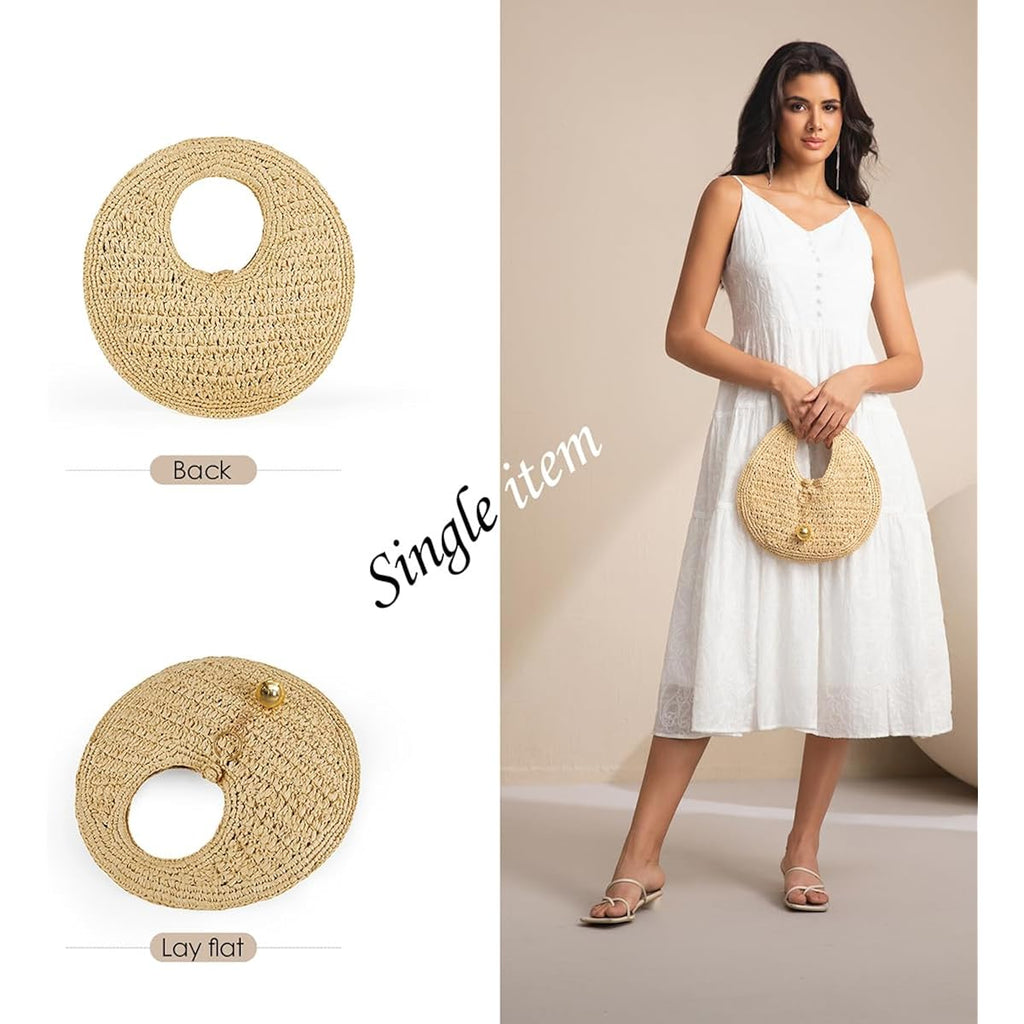 Philomena Woven Straw Beach Bag For Women Handmade Raffia Circle Bag, Summer Boho Chic Tote Purse Handbag Large Round Bag