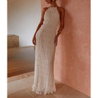Abyovrt Women Backless Dress Sleeveless Textured Halter Open Back Maxi Dresses Vacation Wedding Guest