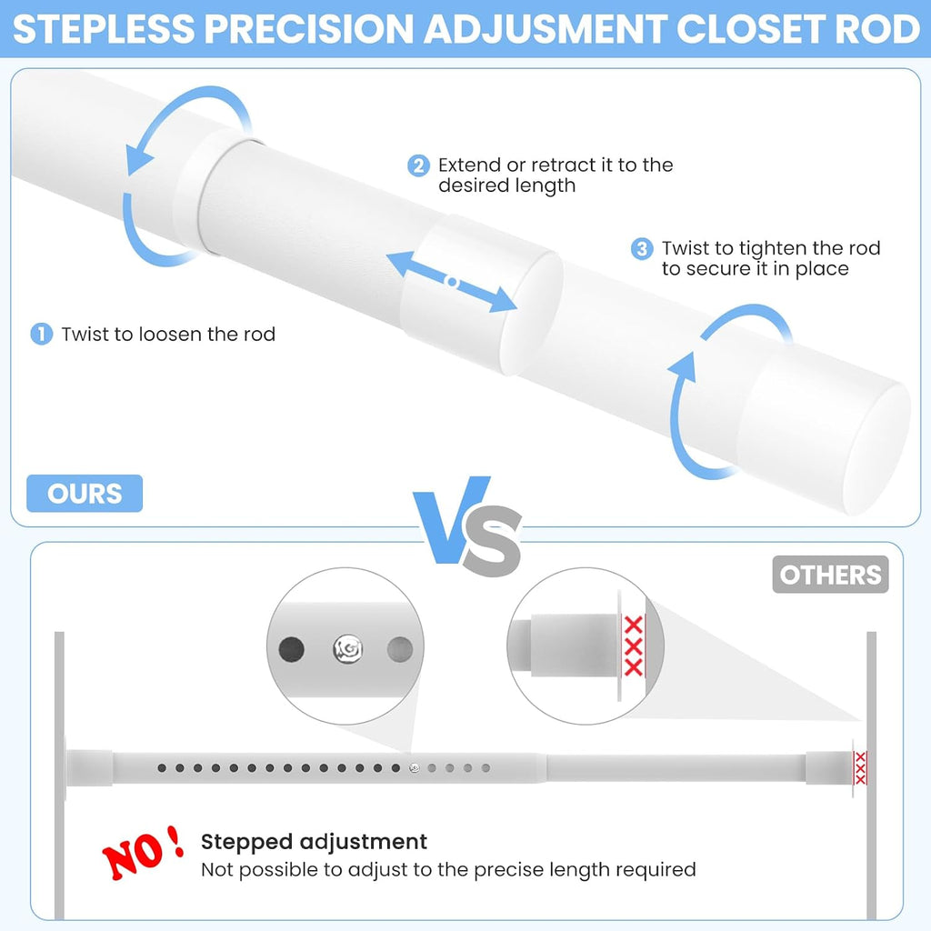 Closet Rods For Hanging Clothes, 17 To 84 Inch Heavy Duty Stepless Adjustable Closet Hanging Rod, 1.3 Inch Diameter Metal Closet Rod For Wardrobes Laundry Bedroom Rv, White