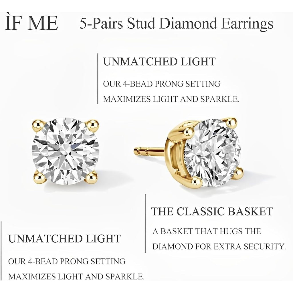5 Pairs 14K Gold Plated Stud Earrings for Women, Hypoallergenic Earring Sets for Multiple Piercing, Premium Cubic Zirconia Studs Earrings for Women