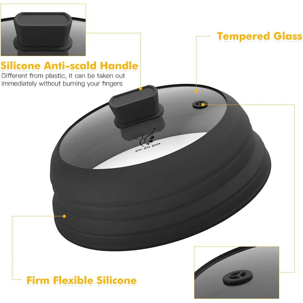 Microwave Splatter Cover Glass Splatter Guard Lid with Collapsible Silicone for Food Pot Cover Plate Cover 10.8 inch Black