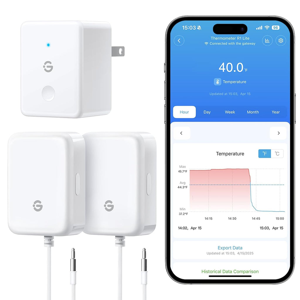 Goveelife Wifi Refrigerator Thermometer Sensor With Alarm, 2-Pack & Gateway | Monitor Fridge/Freezer Temp Remotely With App Alerts & Buzzer 230Ft Range. For Kitchen/Hot Tub, Only Support 2.4G Wi-Fi