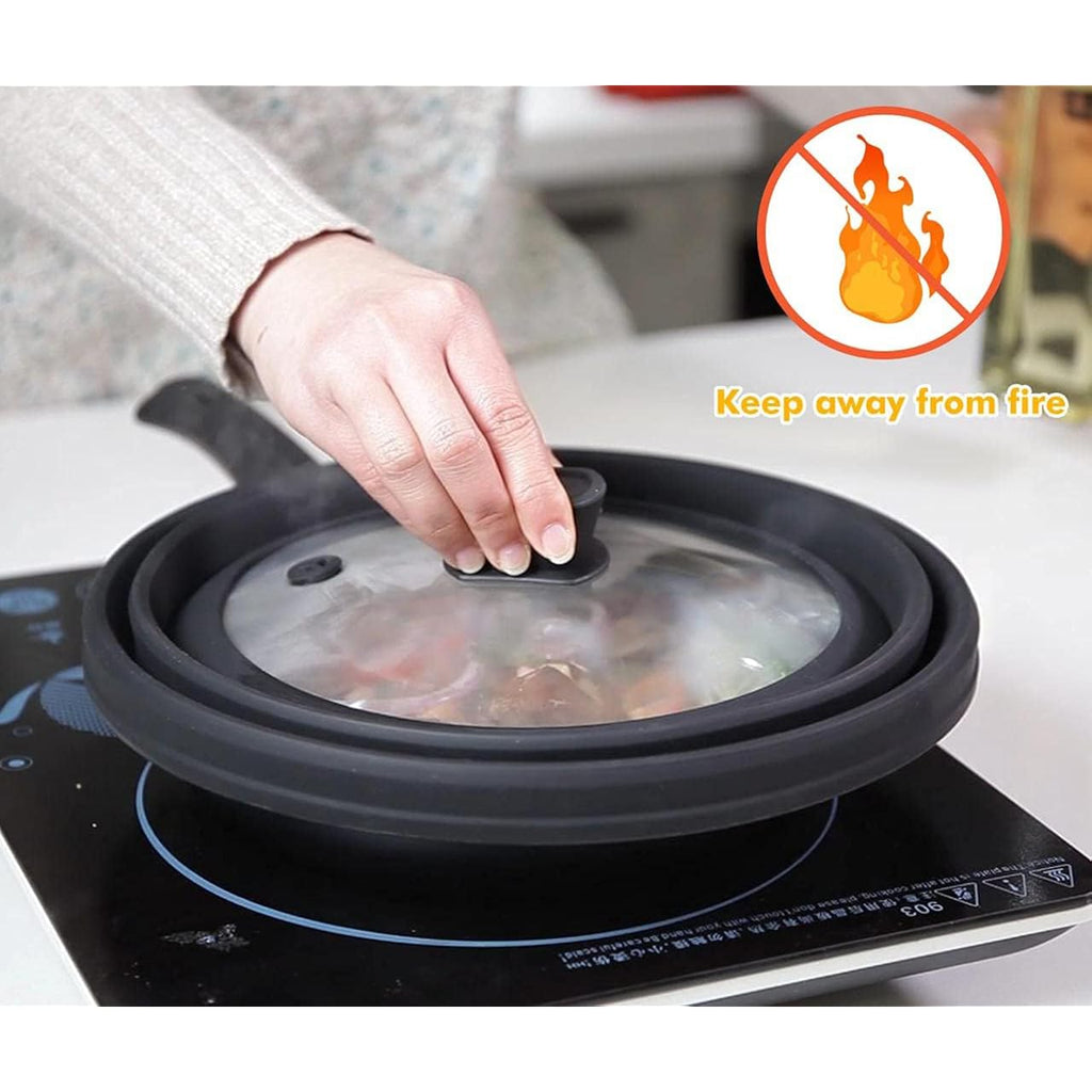 Microwave Splatter Cover Glass Splatter Guard Lid with Collapsible Silicone for Food Pot Cover Plate Cover 10.8 inch Black