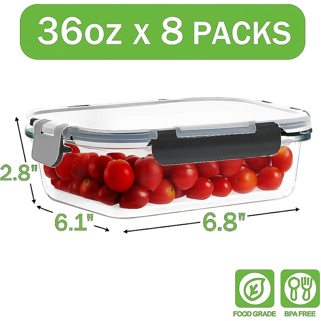8 Pack 36Oz Large Glass Meal Prep Containers With Lids, Glass Food Storage Containers With Leak Proof Snap Lock Lids , Airtight Bento Lunch Boxes, Kitchen Storage, Oven, Freezer And Dishwasher Safe