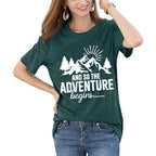 Women Mountain Shirts and So The Adventure Begins Tshirt Sunshine Moon Nature Pine Graphic Tees Heart Let's Go Find It Top Green