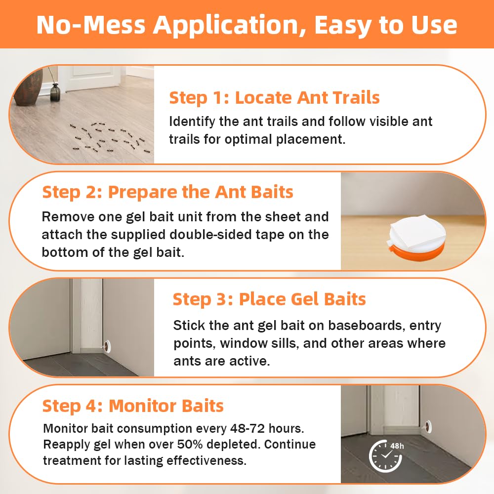 48 Pack Ant Bait Gel Stations For Common Household Ants, Indoor & Outdoor Ant Traps, Effective Carpenter Ant Killer For Home, Kitchen, Garden, Ready-To-Use & No Mess Ant Gel Bait Kills The Colony