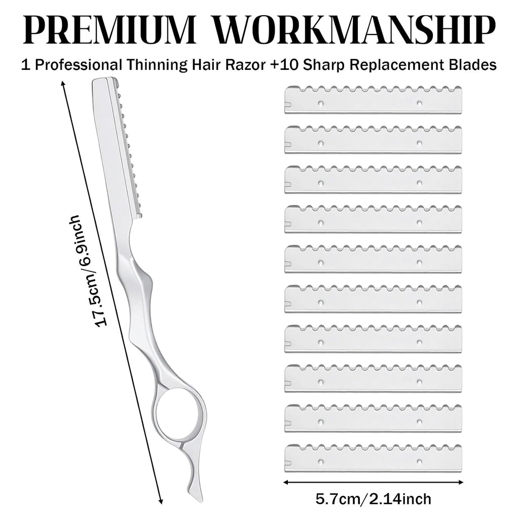 Hair Razors For Cutting Hair, 6.9" Stainless Steel Hair Thinning Razor Kit With 10Pcs Replacement Blades, Professional Styling Texturizing Cutting Razor Tool For Salon And Home