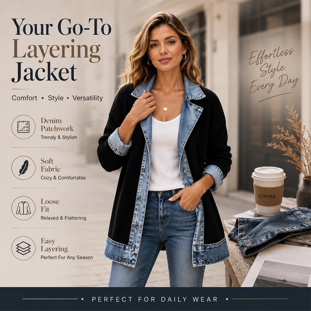 Womens Denim Patchwork Collared Shirt Jacket, Denim Trimmed Sweater Jacket Loose Button Down Long Sleeve Shacket