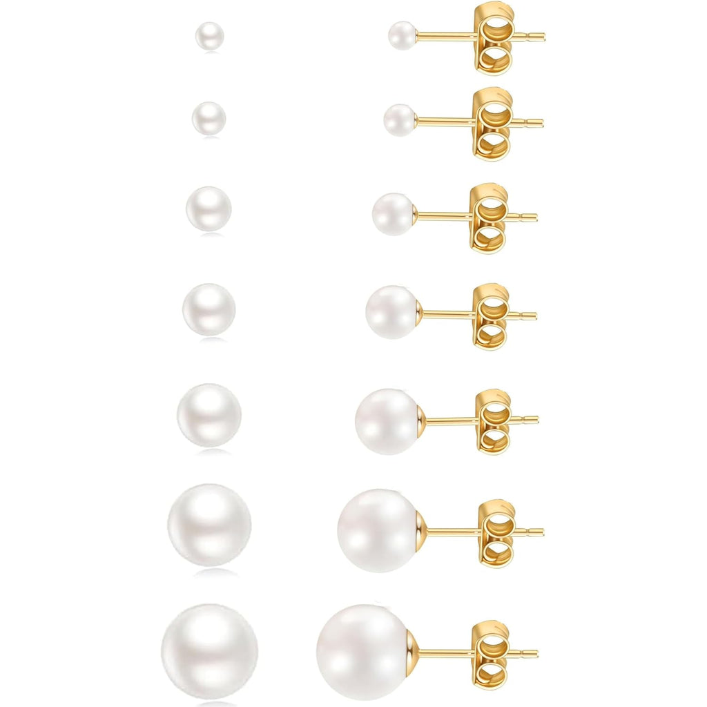 14K Gold Filled Polished Small CZ Pearl Ball Stud Earrings Set for Women Men 20G Surgical Steel Hypoallergenic Piercing Studs for Sensitive Ear, Pack of 6 Pairs