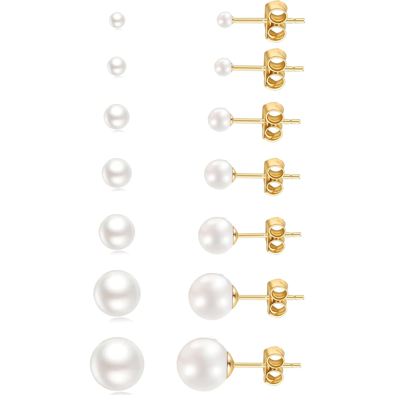 14K Gold Filled Polished Small CZ Pearl Ball Stud Earrings Set for Women Men 20G Surgical Steel Hypoallergenic Piercing Studs for Sensitive Ear, Pack of 6 Pairs