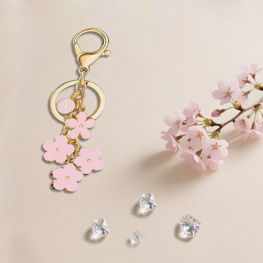 BESPMOSP Pink Flower Charms Keychain for Women Initial Letter A-Z Keychains for Key Handbag Purse Flower Bag Charm