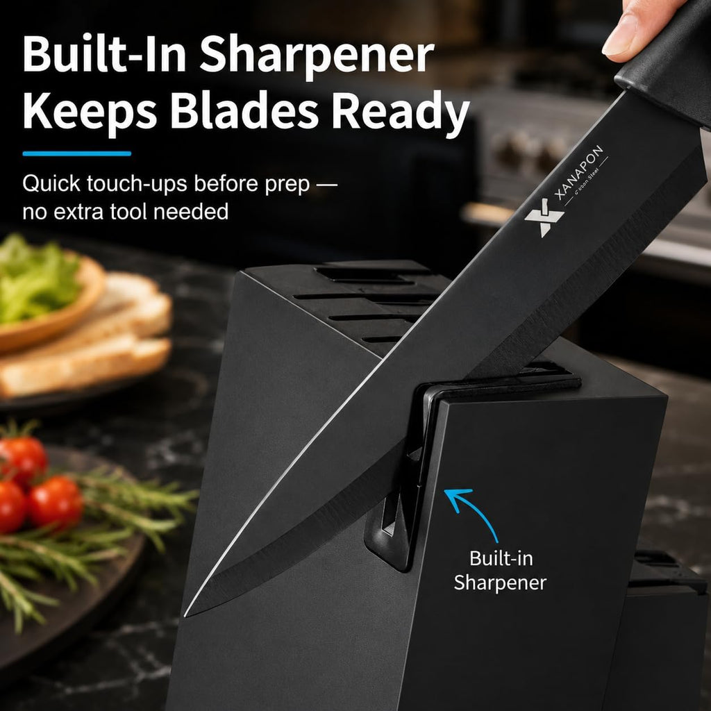 Xanapon Knife Set, 14 Pieces Kitchen Knife Set, High Carbon German Stainless Steel, Dishwasher Safe Cutlery With Built-In Knife Sharpener, Black