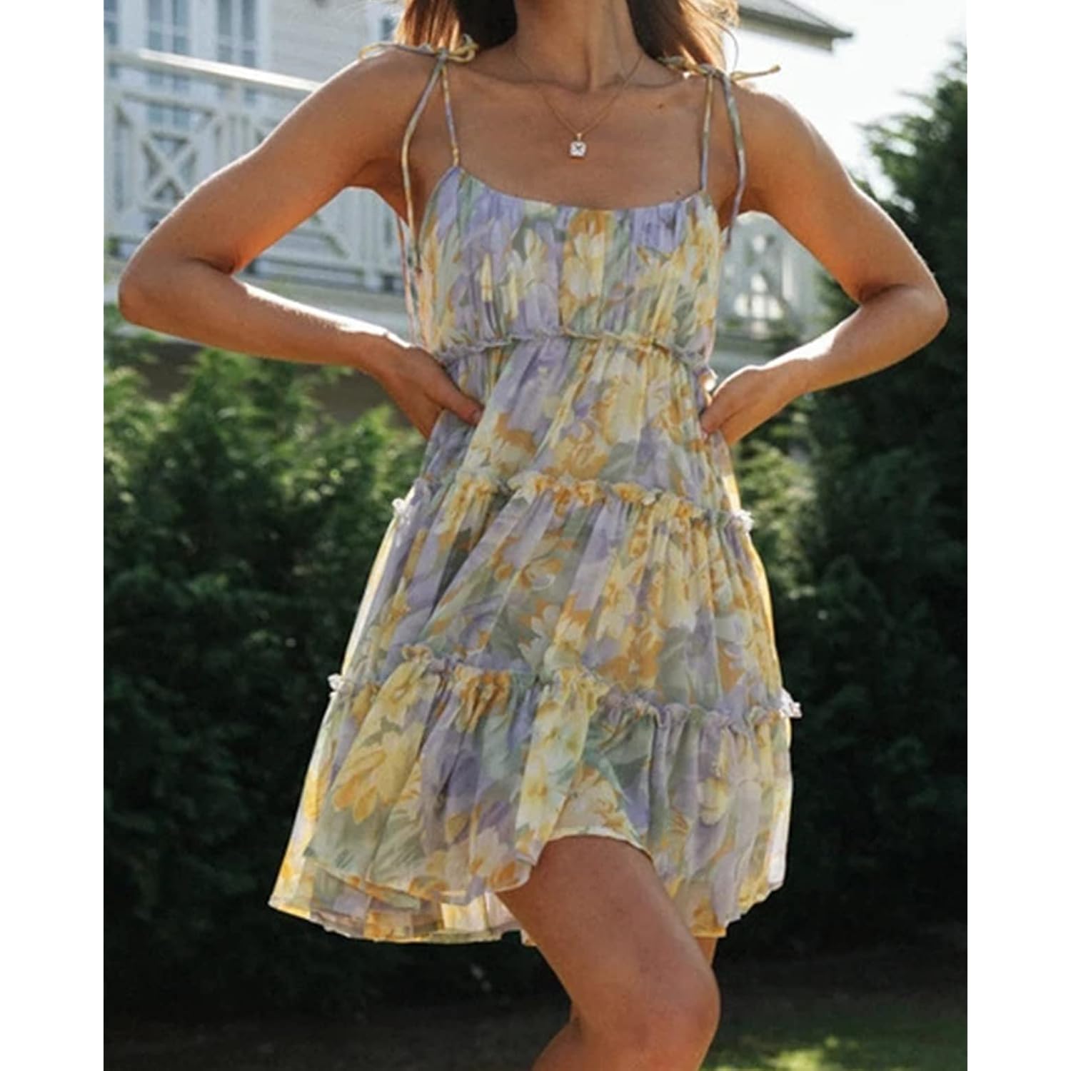 Mansy Womens 2026 Summer Floral Mini Dress Boho Flowy Skater Dresses Short Sleeveless Ruffle Spaghetti Strap Dress