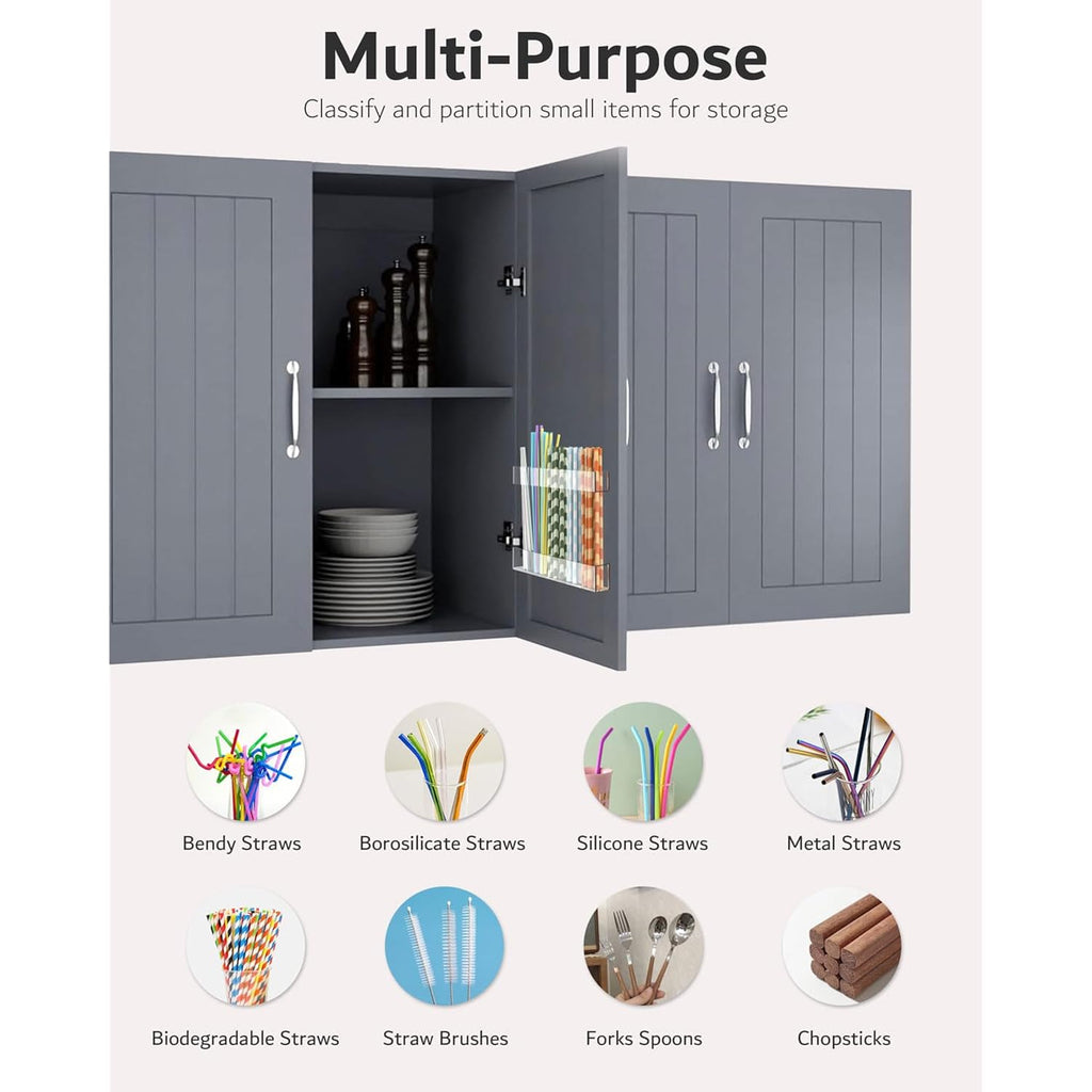 Upgraded 9.5'' Large Acrylic Straw Holder For Cabinet Door, Adjustable Space-Saving Straw Organizer Storage Dispenser For Cabinet With Ultra Sticky Adhesive Strips, 2-Part Rack, Drainage Holes