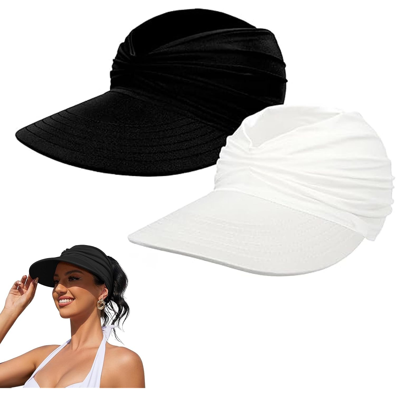 2 Pack Women's UPF 50+ UV Protection Sun Visor Hat, Sun Visor Hat for Women, Wide Brim Lightweight Foldable Ponytail Cap for Summer Beach, Foldable Golf Visor (Black and White)