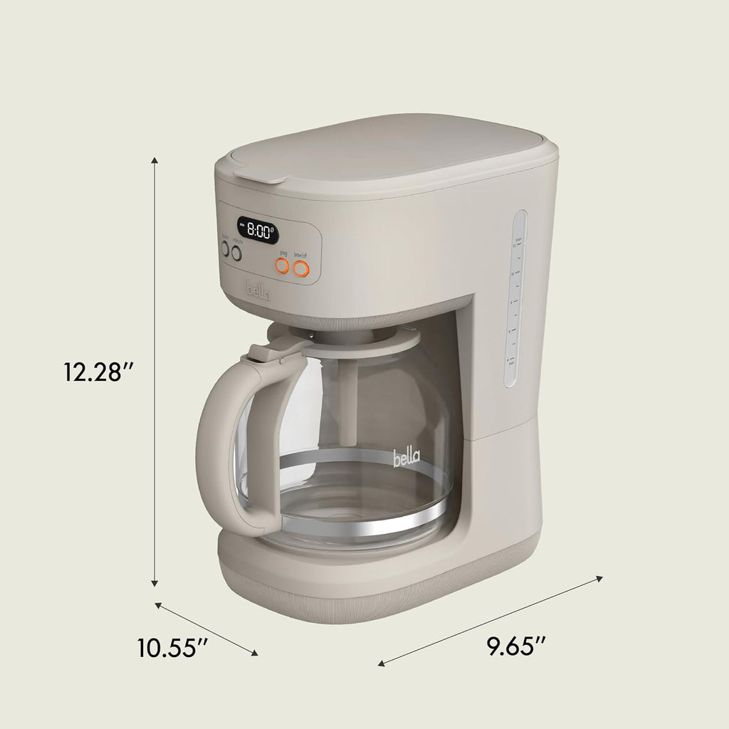 BELLA 12 Cup Programmable Coffee Maker, Reusable Dishwasher Safe Accessories, Easy LCD display, Auto Shutoff, 900 watt, Oatmilk