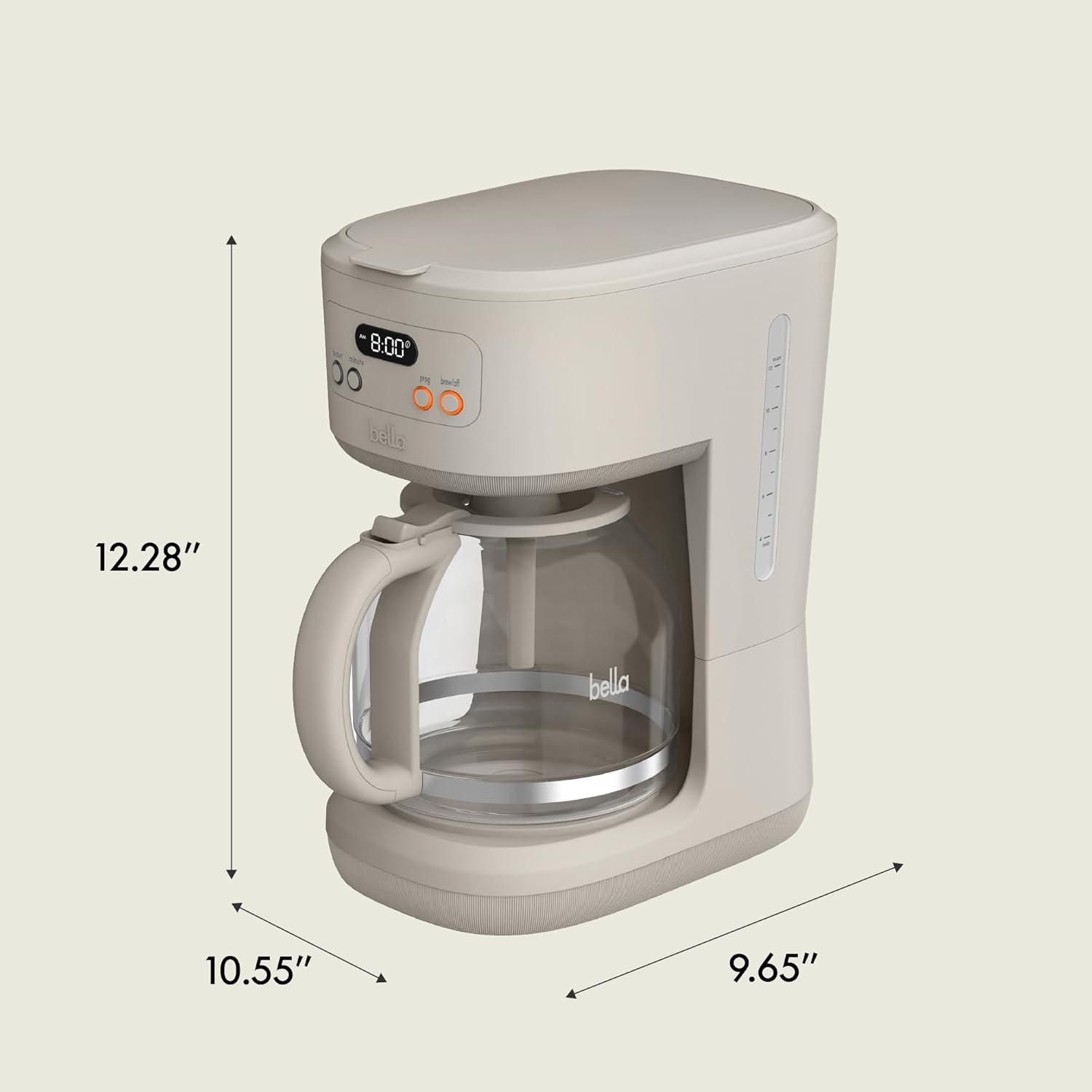 BELLA 12 Cup Programmable Coffee Maker, Reusable Dishwasher Safe Accessories, Easy LCD display, Auto Shutoff, 900 watt, Oatmilk