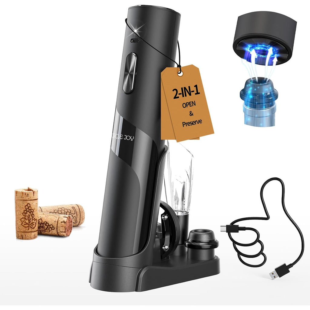 Circle Joy Electric Wine Opener Rechargeable, 7-In-1 Automatic Wine Bottle Opener Gift Set With Electric Vacuum Pump, Foil Cutter, Aerator Pourer, 2 Stoppers & Charging Base, Black