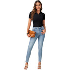 Womens Polo Shirts Short Sleeve Business Casual V Neck Collared Button Fitted Tops