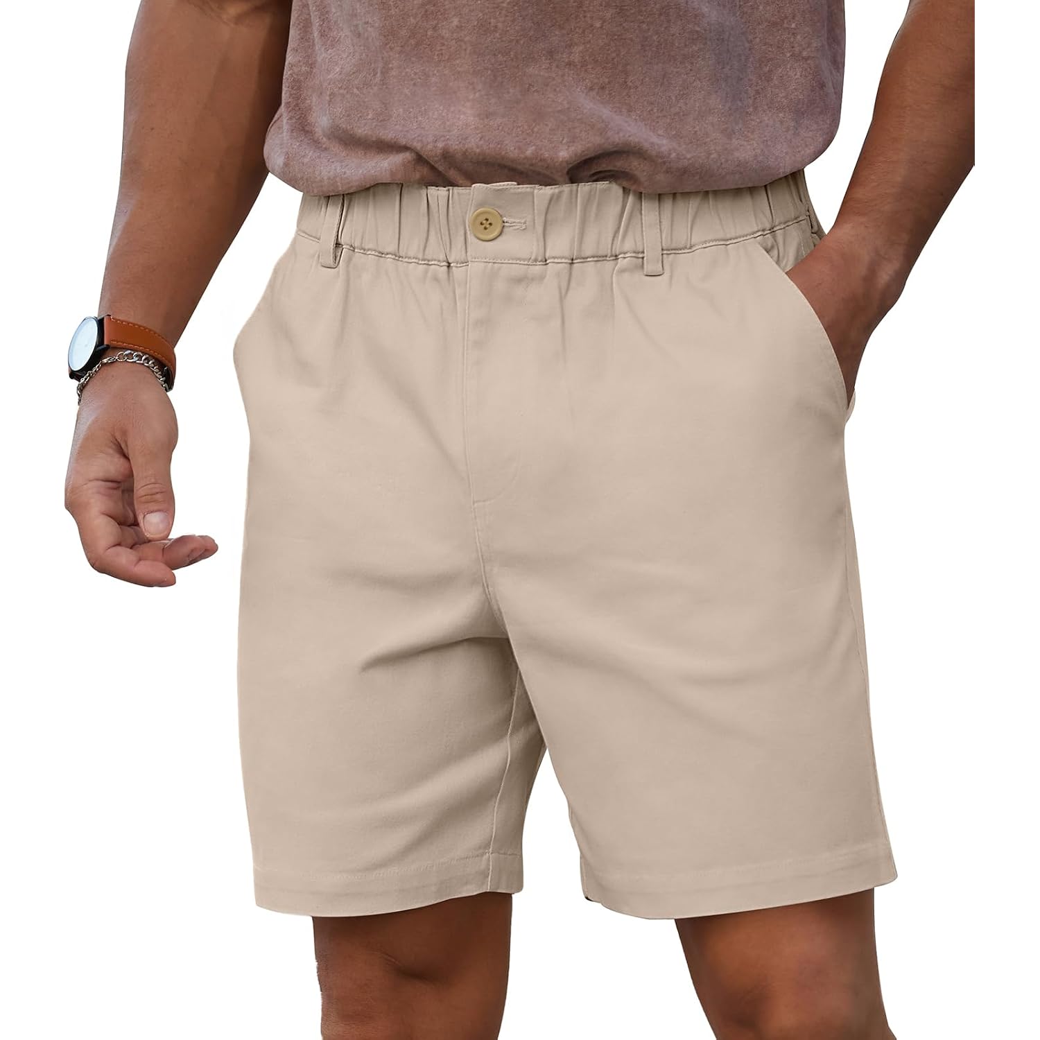 Rqp Men'S Cotton Casual Classic-Fit 7" Chino Shorts Elastic Waist Daily Wear Dress Baech Summer Shorts