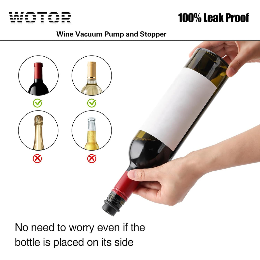Wotor Wine Saver Vacuum Pump With 4 Stoppers, Wine Stopper & Preserver, Reusable Bottle Sealer Keeps Fresh, Ideal Accessories Gift (Flat Handle)