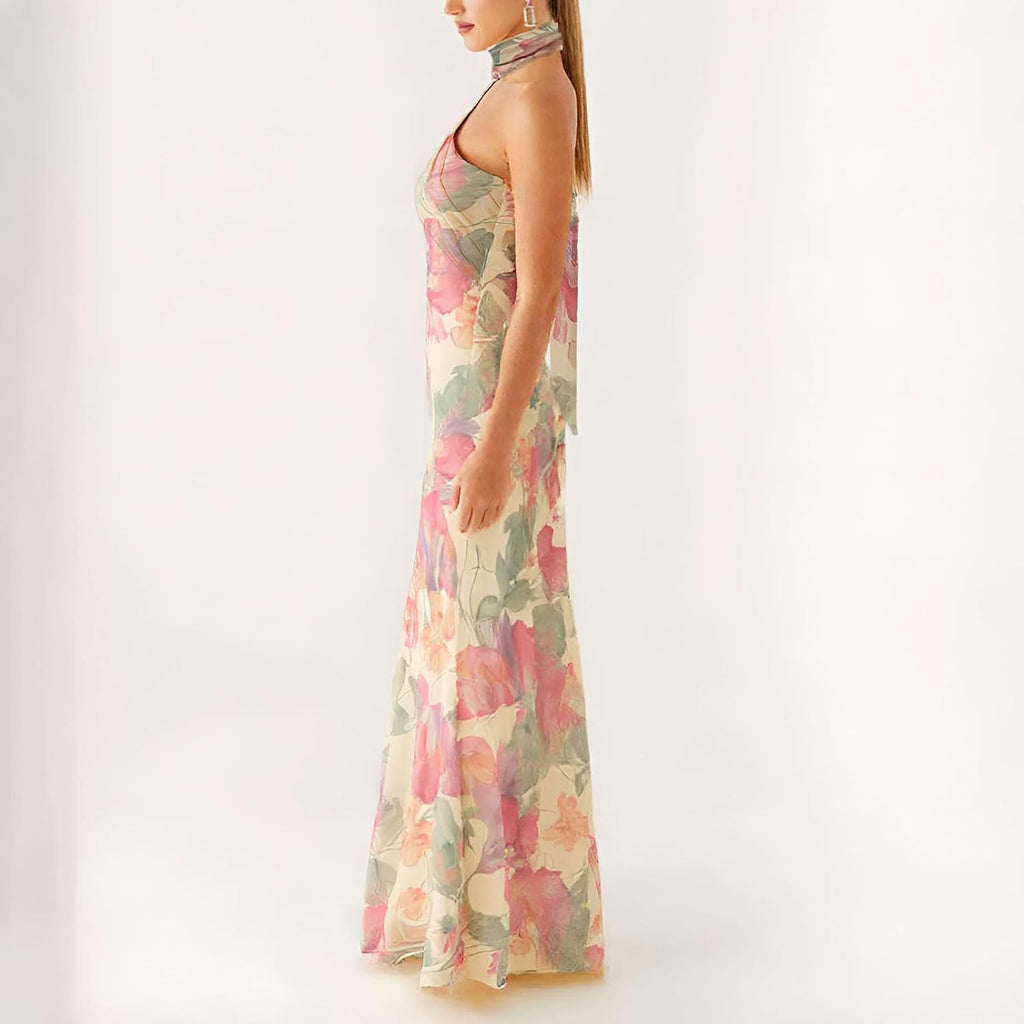 Women Summer Floral Formal Wedding Guest Dress Strapless Tube Dress With Scarf Summer Cocktail Long Maxi Dresses