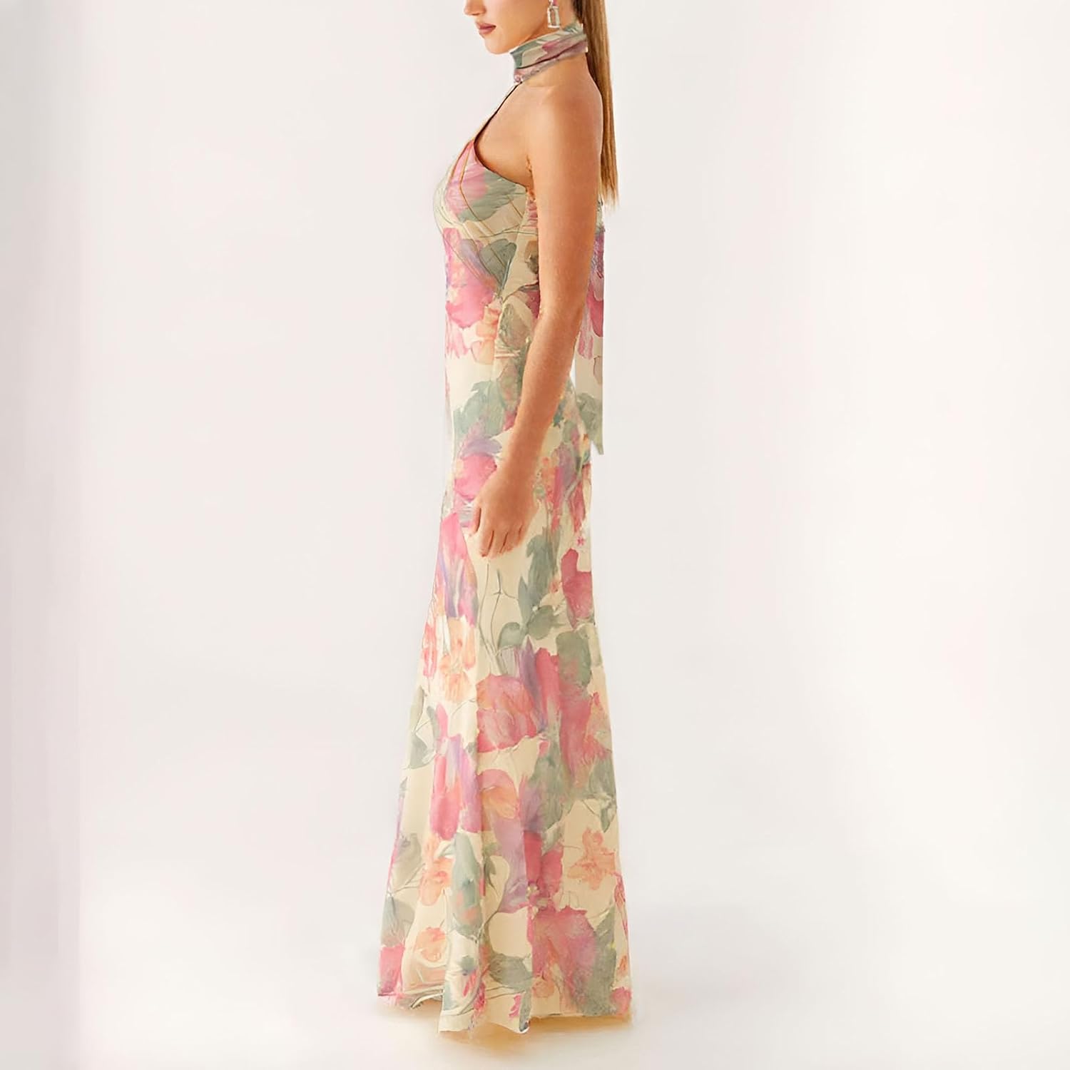 Women Summer Floral Formal Wedding Guest Dress Strapless Tube Dress With Scarf Summer Cocktail Long Maxi Dresses