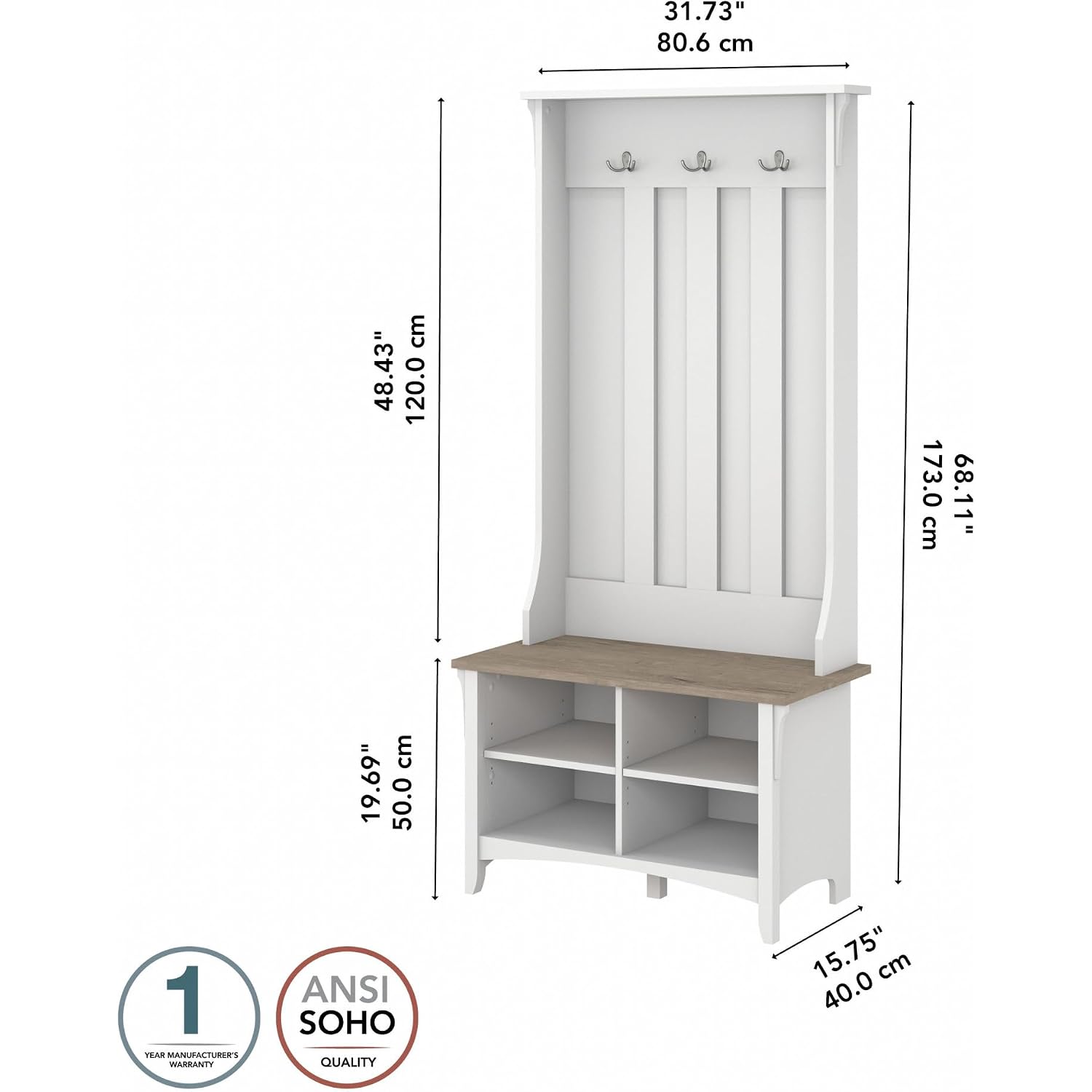 Bush Home Salinas Hall Tree With Shoe Storage Bench In Shiplap Gray And Pure White, Multi-Purpose Home Organizer, Entryway Solution With Seating And Hooks