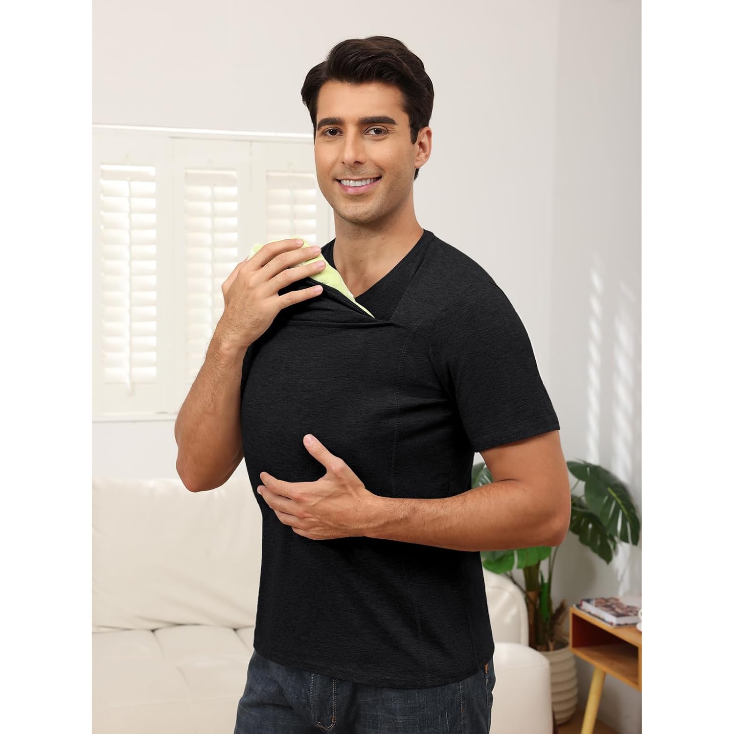 Mens Baby Carrier Shirt Dad Shirt For Men Short Sleeve Baby Wearing T-Shirt V Neck Pocket Tee Shirts
