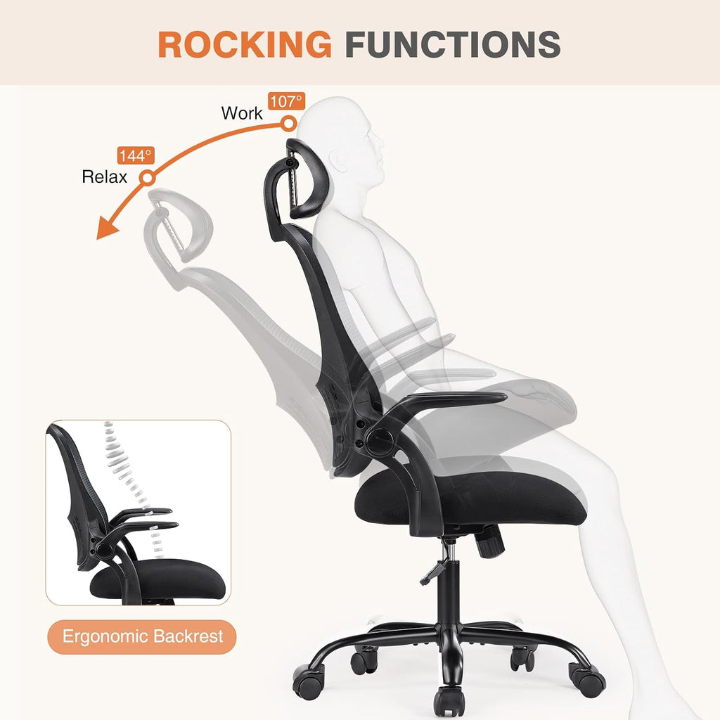 Sweetcrispy Office Computer Desk Chair, Ergonomic High-Back Mesh Rolling Work Chairs With Wheels And Adjustable Headrests, Comfortable Lumbar Support, Comfy Flip-Up Arms For Home, Bedroom, Study,Black