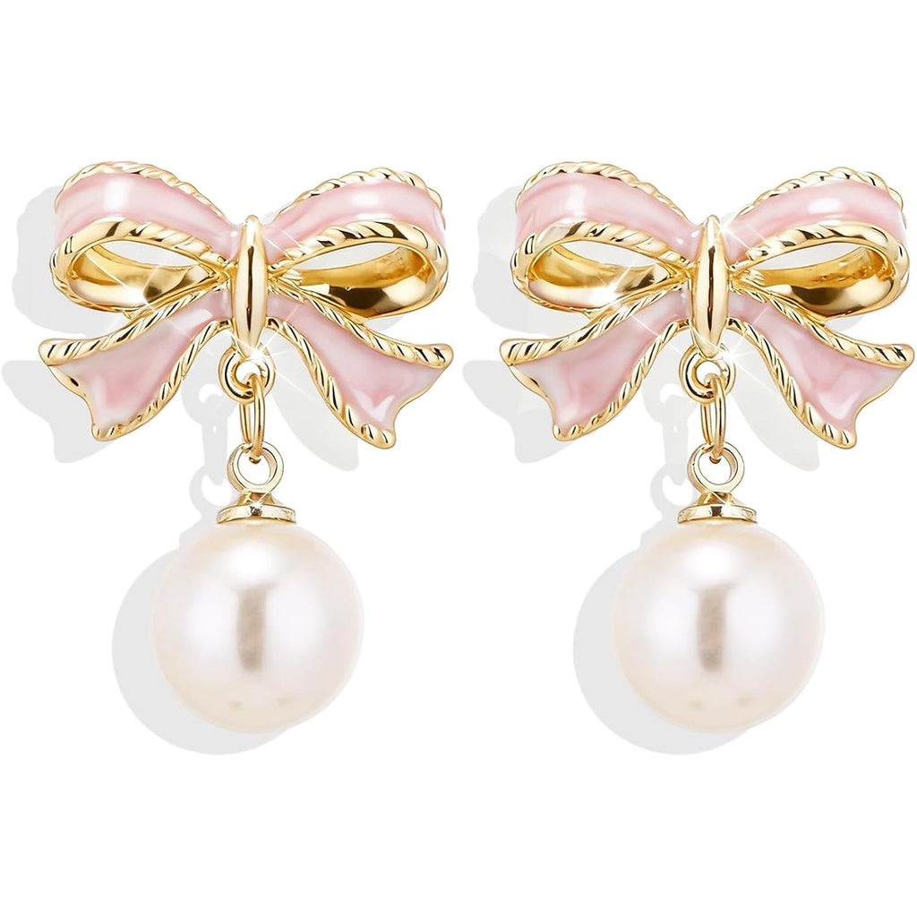 Bow Earrings for Women Trendy Stuff Cute Bow Pearl Drop Dangle Earrings Bowknot Stud Prom Wedding Party Daily Jewelry Accessory Gifts Pink Dress for Women