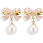 Bow Earrings for Women Trendy Stuff Cute Bow Pearl Drop Dangle Earrings Bowknot Stud Prom Wedding Party Daily Jewelry Accessory Gifts Pink Dress for Women