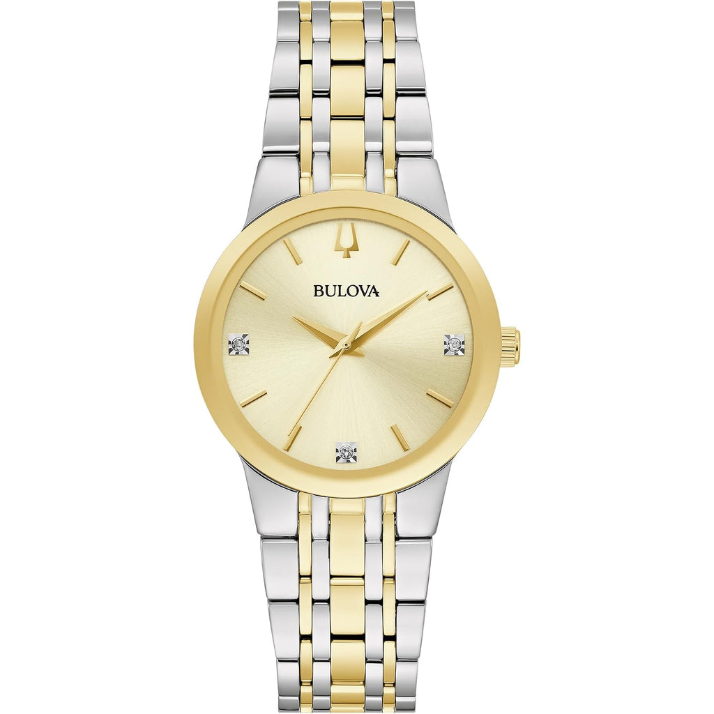 Bulova Ladies' Modern Two-Tone Stainless Steel 3-Hand Quartz Watch, Diamond Accent Gold Dial Style: 98P224