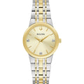 Bulova Ladies' Modern Two-Tone Stainless Steel 3-Hand Quartz Watch, Diamond Accent Gold Dial Style: 98P224