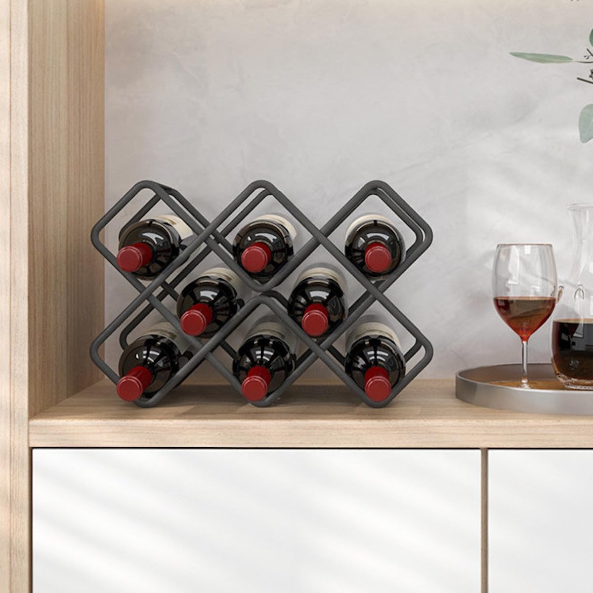 Metal Wine Rack – Matte Black Carbon Steel, 10-Bottle Countertop & Hangable Wine Holder, Modern Geometric Design, Rustproof, Under-Cabinet Display, No Assembly Needed For Countertop Use