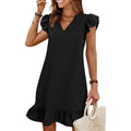 Qacohu Spring Summer Dresses For Women 2026 V Neck Cap Sleeve Ruffle Hem Smock Short Casual Beach Dress