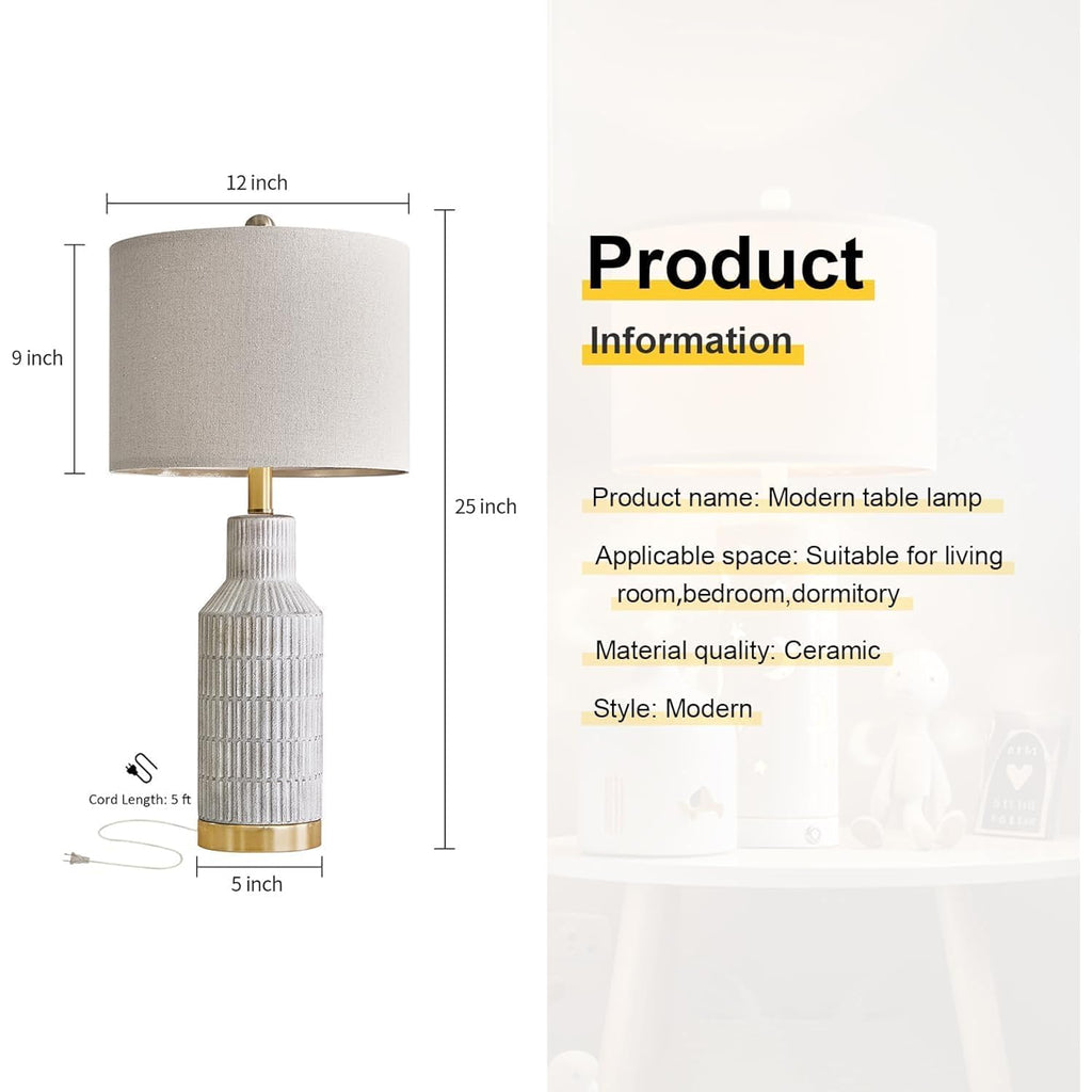 Usumkky 25" Table Lamps Set Of 2 - Modern Bedside Lamps For Living Room - White Washed Ceramic Nightstand Lamps For Bedroom
