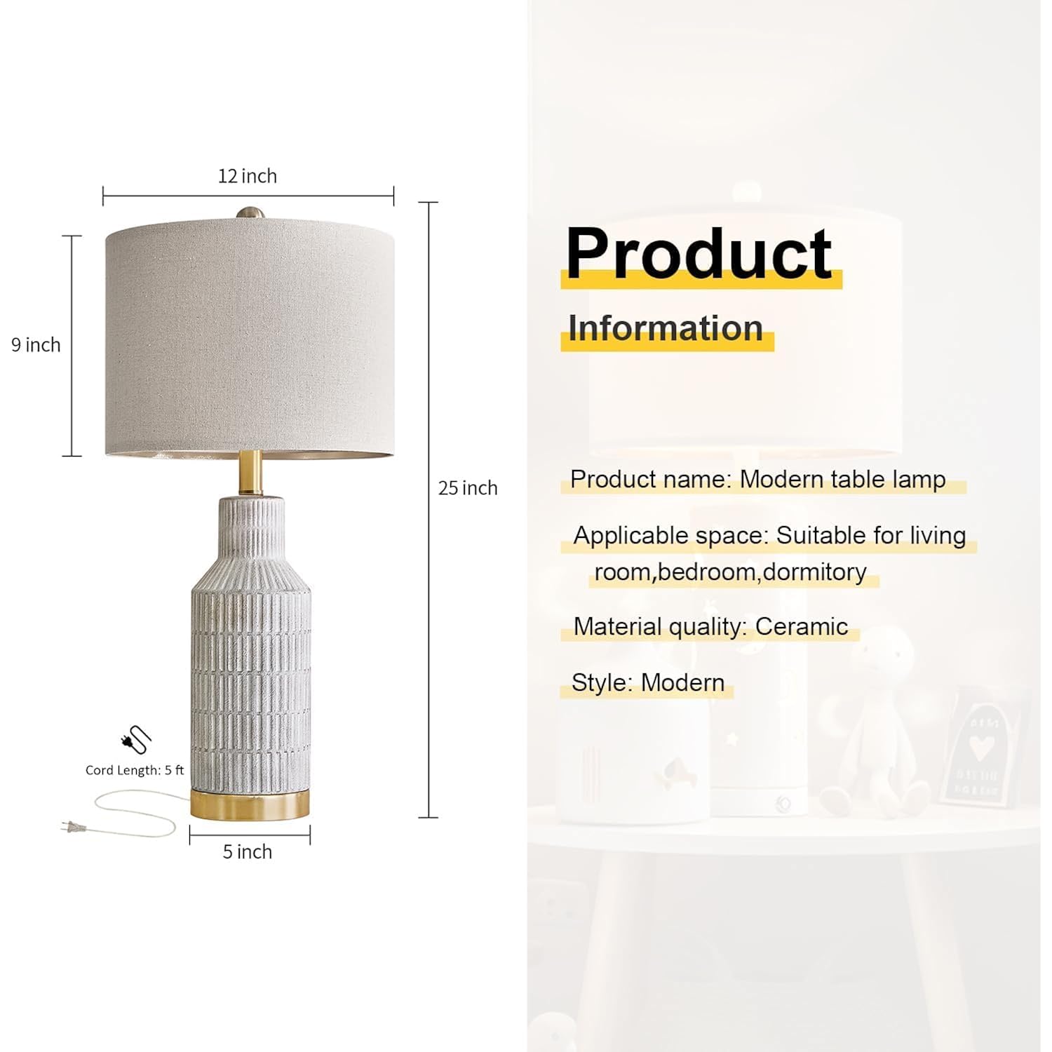 Usumkky 25" Table Lamps Set Of 2 - Modern Bedside Lamps For Living Room - White Washed Ceramic Nightstand Lamps For Bedroom