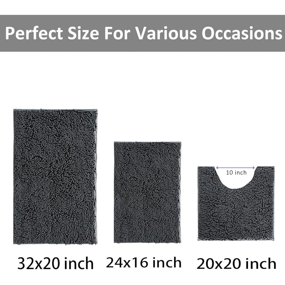 Bathroom Rugs Set Non Slip 3 Piece Bath Mat Washable Chenille Bath Rugs with PVC Backing Bath Carpet,Absorbent Bathroom Mats with Toilet Rug,Bath Mats for Bathroom,Bedroom, Kitchen,Tub,Home Decor