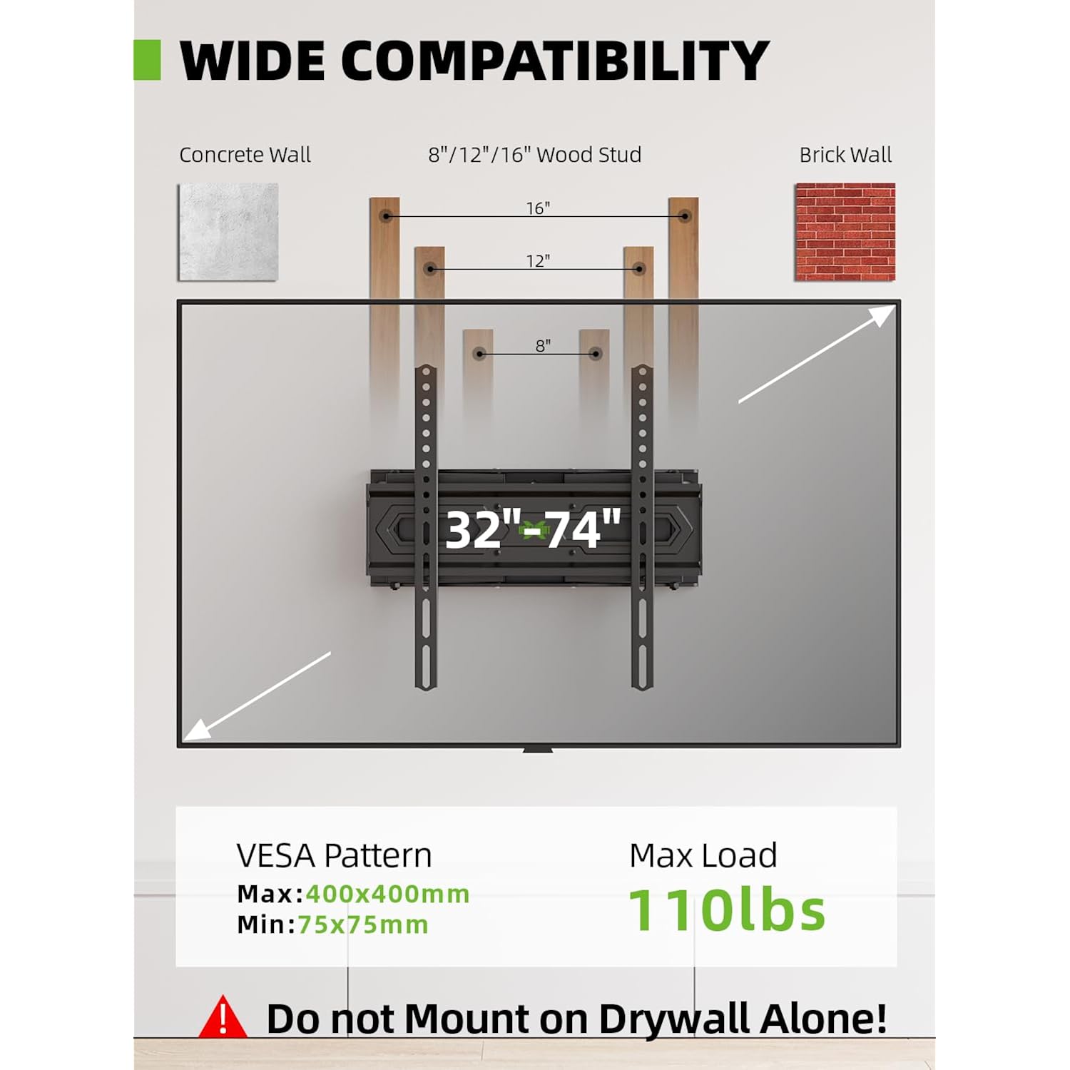 USX MOUNT TV Wall Mount for 32-74 inch Flat Screen/LED/4K up to 110lbs, Full Motion TV Mount Bracket with Swivel & Tilt Articulating Dual Arms, Max VESA 400x400mm, Fits 12/16" Wood Studs