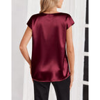 Zeagoo Women Silk Satin Tops Cap Short Sleeve Blouse V Neck Shirts Business Casual Outfits S-2Xl