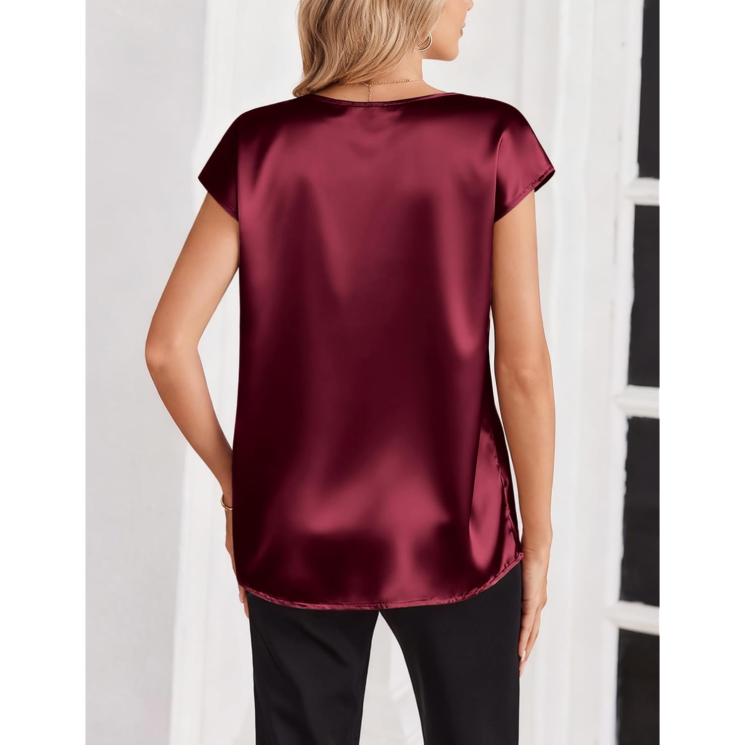 Zeagoo Women Silk Satin Tops Cap Short Sleeve Blouse V Neck Shirts Business Casual Outfits S-2Xl