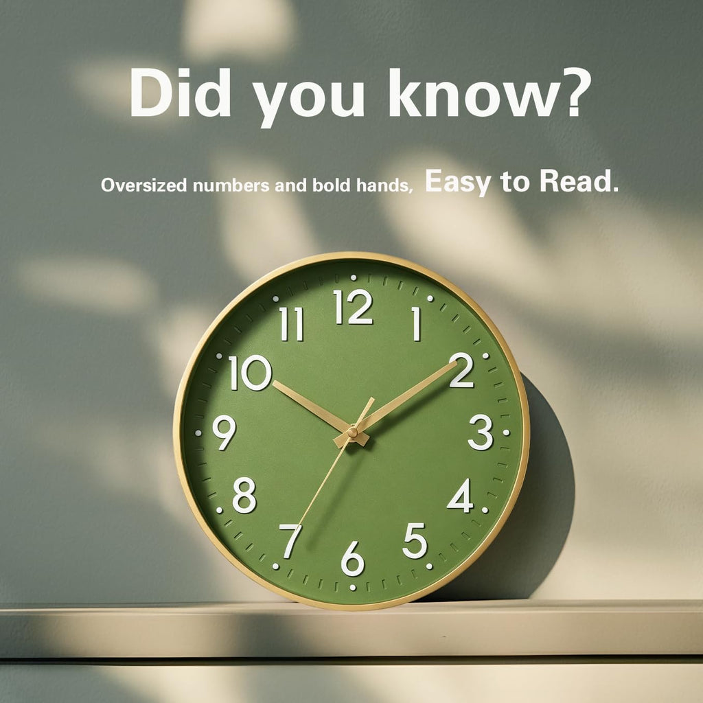 Wall Clock 8 Inch, Battery Operated Silent Non-Ticking Modern Analog Clock Decorative For Kitchen, Bedroom, Office(Olive Green And Gold)