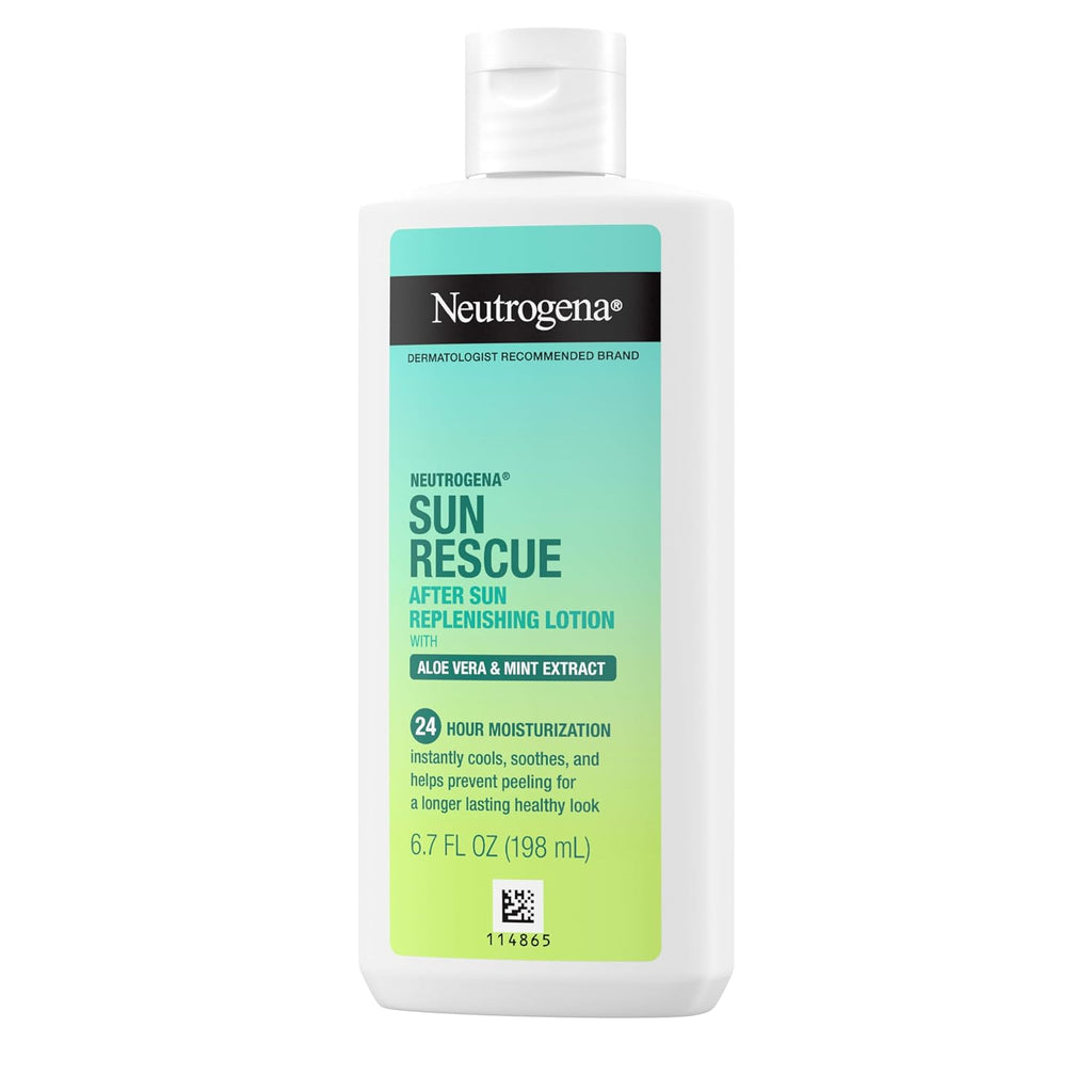 Neutrogena Sun Rescue After Sun Replenishing Lotion With Aloe Vera, Mint Extract, & Vitamin E, 24-Hour Moisture For Healthy Glow For Sensitive Skin, Vegan, Non-Comedogenic Lotion, 6.7 Oz