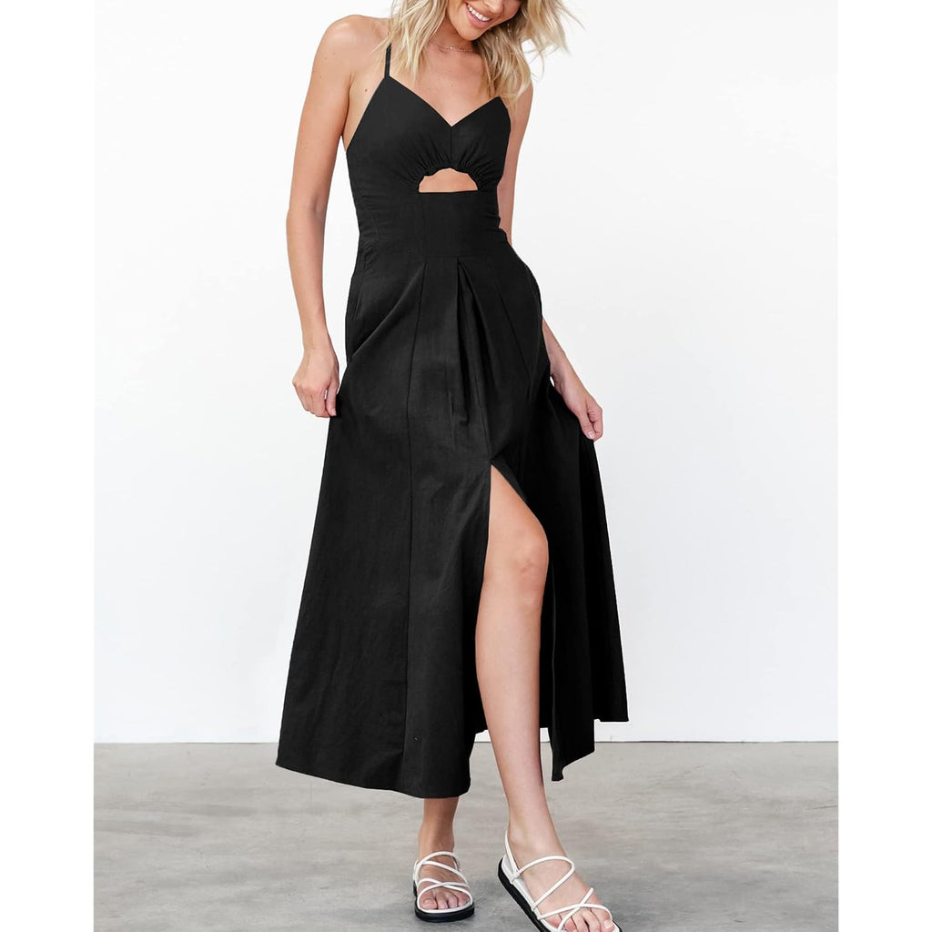 Btfbm Women 2026 Spaghetti Strap Midi Summer Dresses Sleeveless V Neck Cutout Slit Casual Beach Party Maxi Dress Pockets