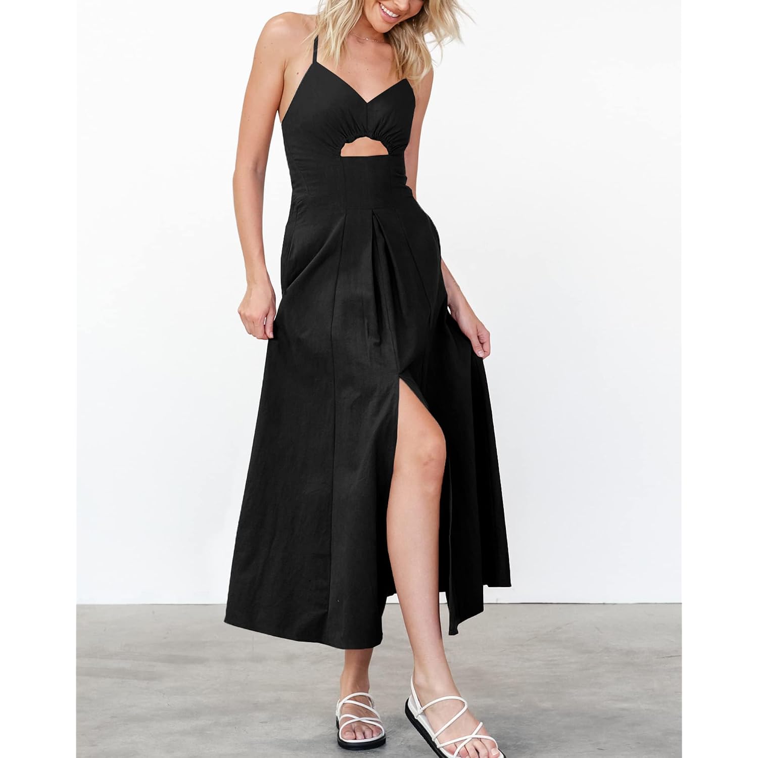 Btfbm Women 2026 Spaghetti Strap Midi Summer Dresses Sleeveless V Neck Cutout Slit Casual Beach Party Maxi Dress Pockets