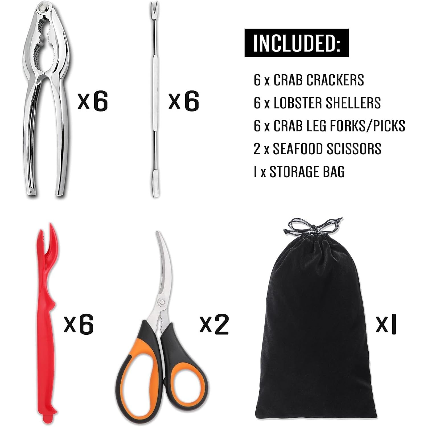 20-Pack Crab Crackers And Tools Set,Seafood Boil Party Supplies Includes 6 Crab Crackers, 6 Lobster Shellers, 6 Crab Leg Forks/Picks And 2 Seafood Scissors & Black Storage Bag - Nut Cracker Set