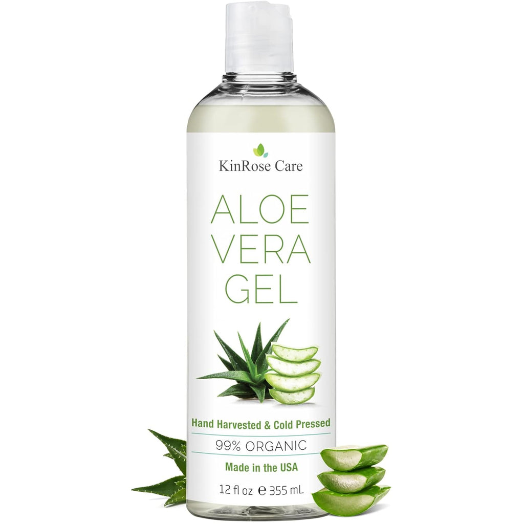 Kinrose Care, 12Oz Aloe Vera Gel For Face, Skin, Hair & Sunburn Relief - From Pure Organic Aloe Vera (99%) - Cold Pressed, Vegan, Unscented - Made In Usa.